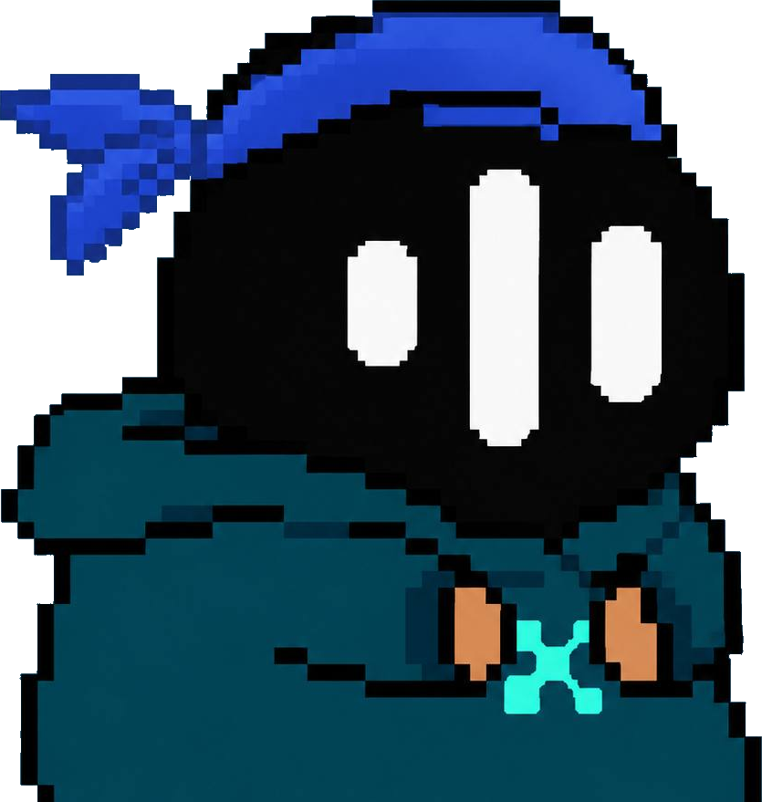 gKaito: a black pixel head with three white eyes, a blue bandana and a teal hoodie with an X on it
